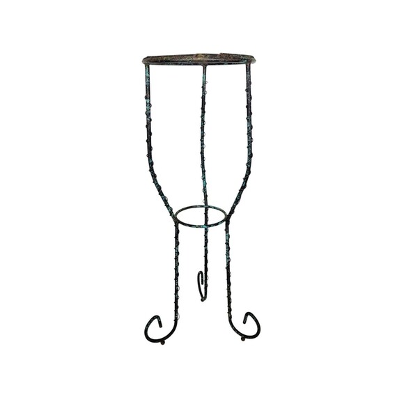 VTG Wrought Iron Twisted Scroll Ball Foot Pedestal Plant Stand Black Turquoise - Picture 8 of 13